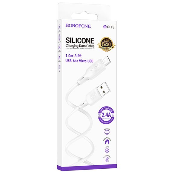Дата кабель Borofone BX113 Lenny USB to MicroUSB 2.4A (1m) White | Зображення 3
