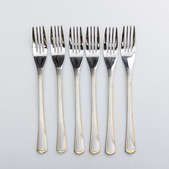 Набор столовых вилок 6 штук вилки кухонные из нержавеющей стали 20.5 см Серебро с золотой обводкой