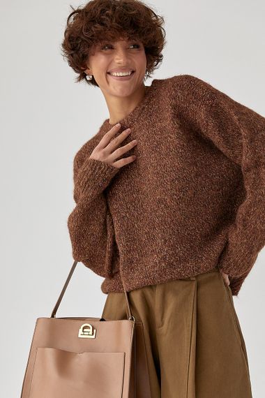 В'язана вільна кофта меланж - коричневий цвет, ONE SIZE (є розміри)