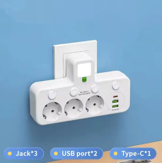 Мережевий фільтр трійник з підсвічуванням 3 розетки (2 USB+Type-C) Білий