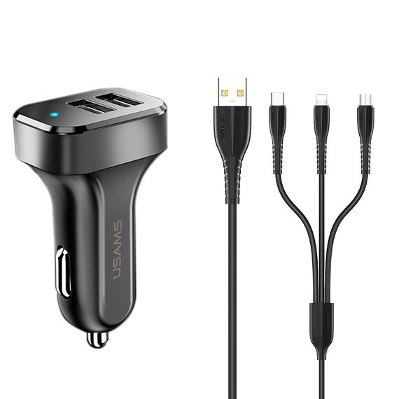 АЗП Usams C13 2.1A (2USB-A) + кабель 3in1 (USB to M+L+C) Чорний