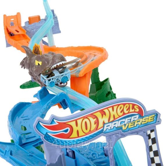 Трек Столкновение и Всплеск с Велоцираптором и Спинозавром Hot Wheels RacerVerse Jurassic World Crash & Splash | Зображення 4