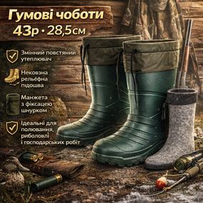 Чоботи гумові осінні для риболовлі 43р, Непромокальні гумові чоботи для чоловіків WP-93