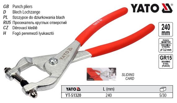Кліщі для проколювання отворів в металі t≤ 0.8 мм Ø=3,2 мм L=240 мм YATO Польща YT-51320