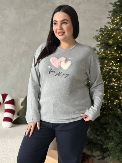 Сіра м'яка піжамка з сердечками PLUS SIZE з мікрофлісу