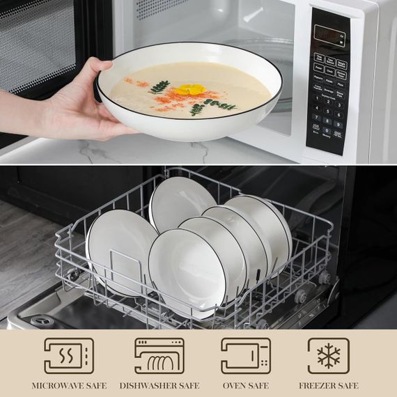 Тарілки глибокі набір 4 шт, порцелянові сервірувальні миски 22.5 см з чорним кантом MALACASA, салатниці супові миски | Зображення 3