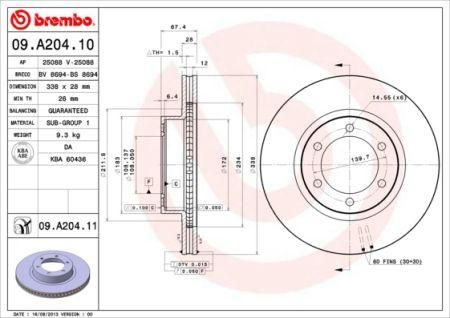Гальмівний диск, передня вісь BREMBO, 09A20411 | Зображення 2