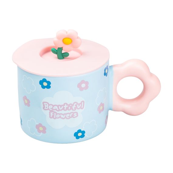 Чашка керамічна Flowers 300 мл із кришкою, блакитний