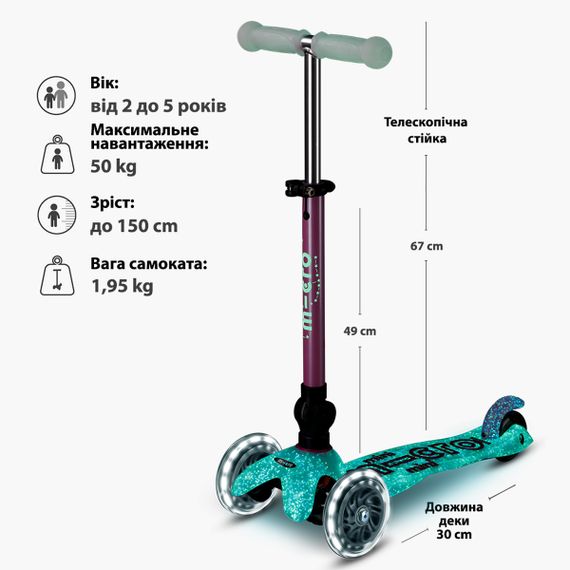 Складной самокат Розовый орион серия «Mini Deluxe Foldable Orion Glow LED» (3-х колесный, до 50 кг) | Зображення 8