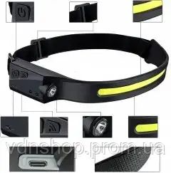 Легкий налобный фонарь LED+COB с датчиком движения и красным светом (черный) | Зображення 1