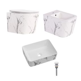 Комплект Qtap Tern Marble 3 в 1: подвесной унитаз Ultra Quiet + биде подвесное + раковина накладная QTERMR49164