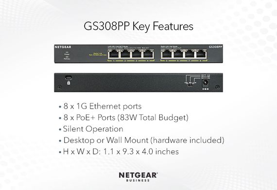Коммутатор NETGEAR GS308PP 8xGE PoE+, неуправляемый (GS308PP-100EUS) | Зображення 3