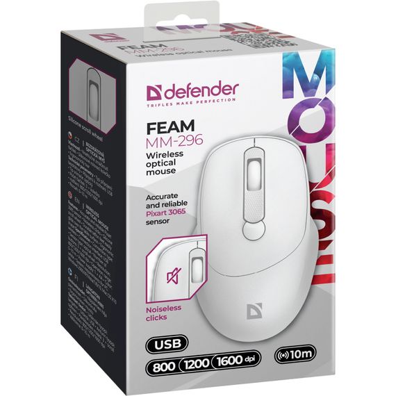 Мишка Defender Feam MM-296, бездротова, 4кн. до 1600 dpi, безшумна, біла | Зображення 2