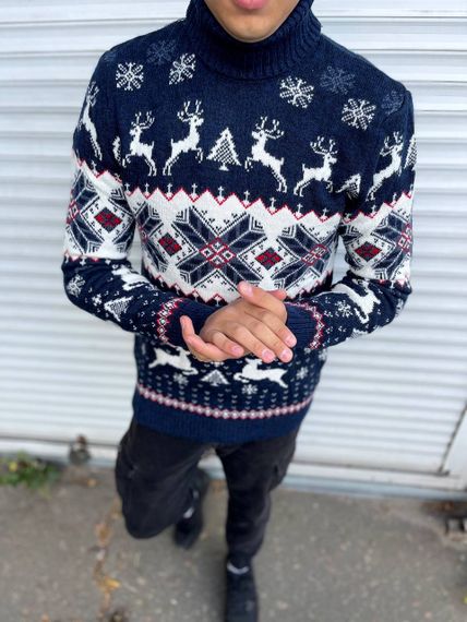 Мужской новогодний свитер с оленями в узорах PA2655 цвет синий, размер M | Зображення 1