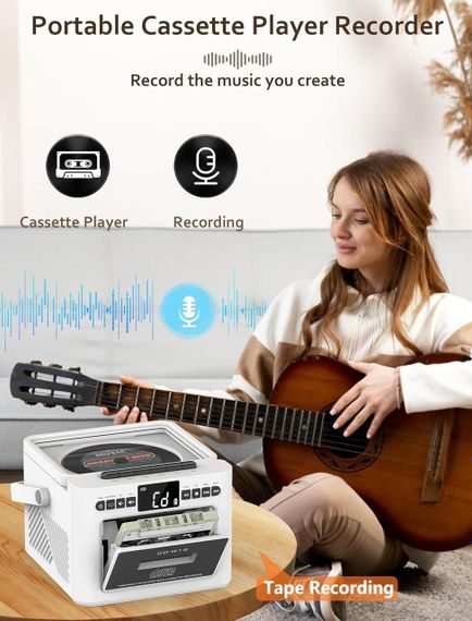 CD плеєр портативний перезаряджуваний Boombox із касетним плеєром, Bluetooth Boombox з акумулятором 5000 мА·год | Зображення 5