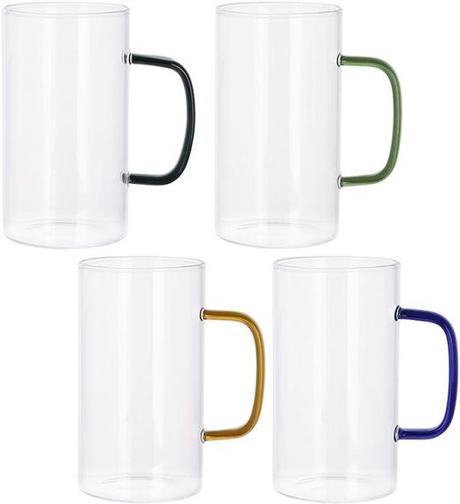 Набір 4 скляних кухлів Lorenza 500мл з кольоровими ручками