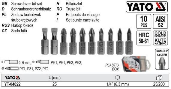 Набор бит YATO Польша 1/4" l=25 мм 10 штук YT-04822