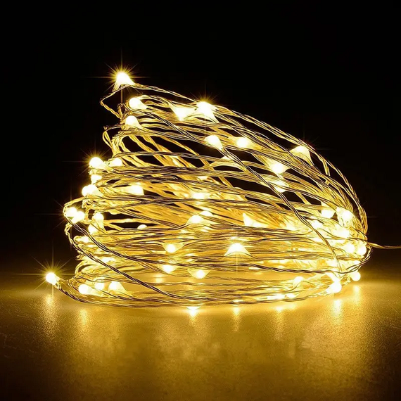 Гирлянда нить "Роса" 100LED 10 метров на батарейках+USB теплый - белый (Желтый) Оптом | Зображення 1