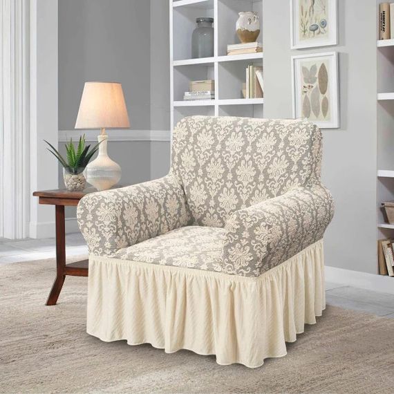 Чохол на крісло зі спідницею універсальний жакардовий Love You 82103 кремовий