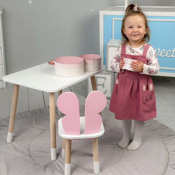 Дитячий прямокутний стіл та стільчик рожевий метелик з білим сидінням. Дитячий  білий столик | Зображення 1