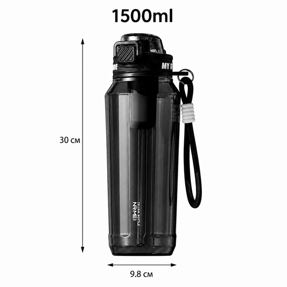 Пляшка для води 1500 мл (1.5 л) — Чорна, з Трітану (BPA-free) із ситечком для активного відпочинку | Зображення 1