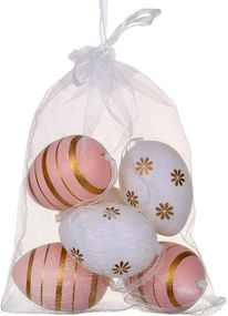 Пасхальний декор "Яйця в мішечку", 6 яєць-підвісок 4х6см у сітці, білий з рожевим