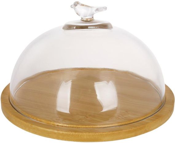Блюдо-тарілка дерев'яне "Bird" Ø 20см зі скляною кришкою-ковпаком