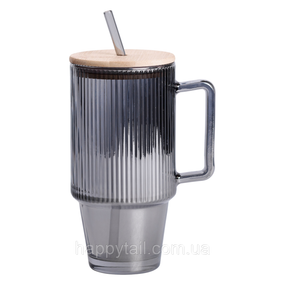 Кружка скляна з кришкою та трубочкою 750 (мл) Сірий HP-19-50