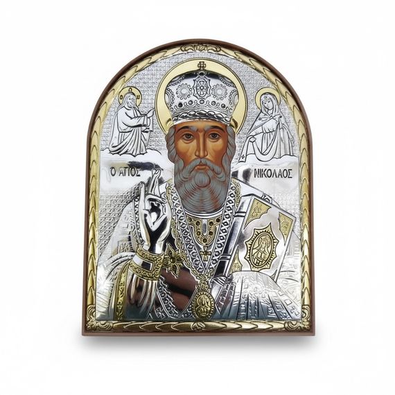 Срібна православна ікона Миколай Чудотворець з позолотою на підставці | Зображення 2