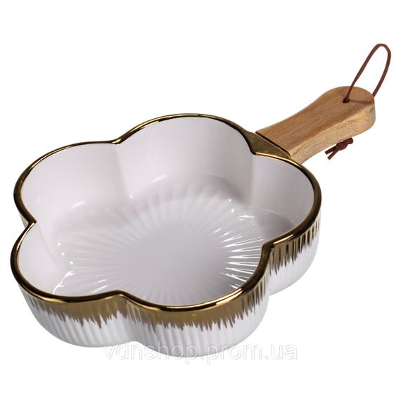 Тарелка фарфоровая глубокая с ручкой Цветок 27×20×5 (см) блюдо сервировочное с ручкой  для подачи тарелка сковорода Золото