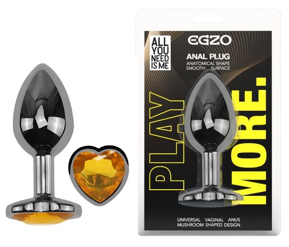 Анальная пробка с кристаллом EGZO - Dark Silver Heart Plug Yellow size S Sex Aura