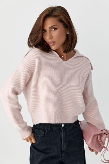 Джемпер у рубчик із відкладним коміром - пудра цвет, ONE SIZE (є розміри) | Зображення 4