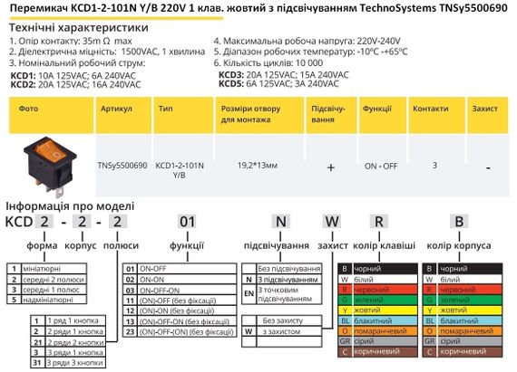 Перемикач KCD1-2-101N Y/B 220V 1 кнопка жовта з підсвічуванням Ny95500690 | Зображення 1