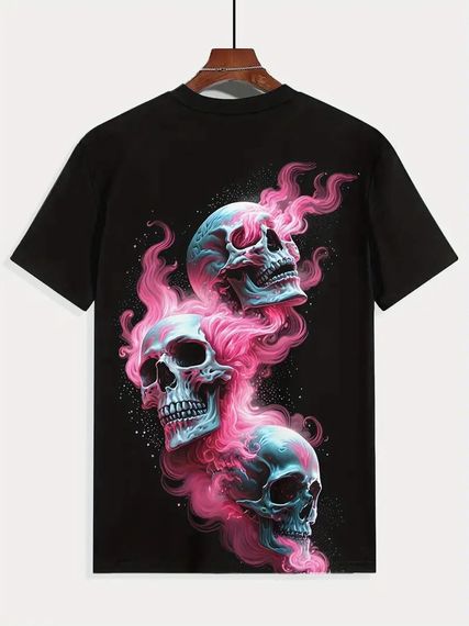 Футболка чоловіча 3D принт Три черепа з рожевим полум’ям термо дихаюча літня L 52