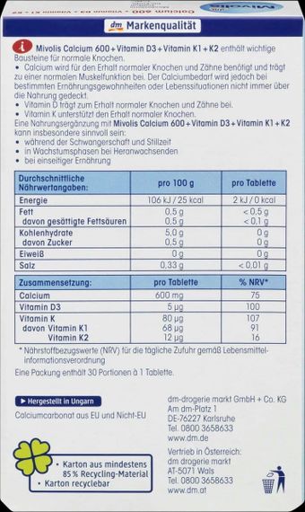 Комплекс вітамінів Mivolis Calcium 600 мг. + D3 + K1 + K2 вітаміни Міволіс Кальцій | Зображення 1