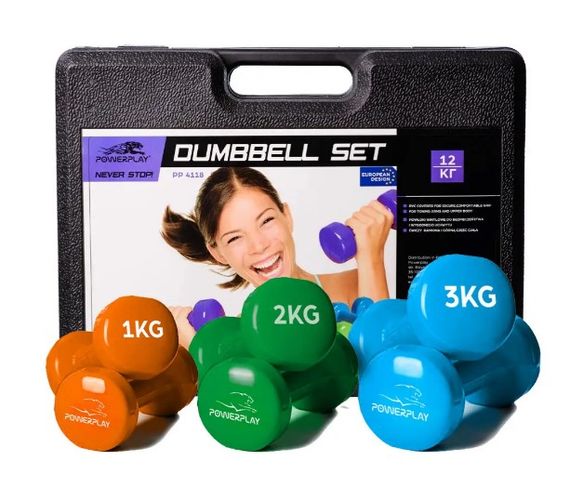 Набір гантелей в кейсі 12 кг. PowerPlay 4118 Fitness Dumbells (2 шт*1 кг, 2 шт*2 кг, 2 шт*3 кг) (PP_4118_12kg)