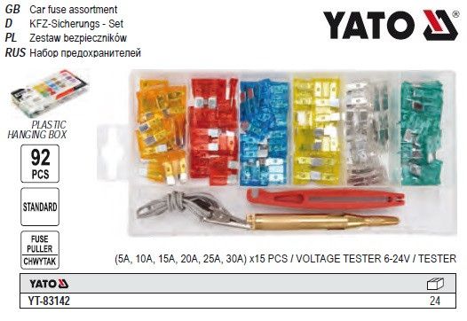 Набір запобіжники автомобільні YATO Польща STANDARD індикатор 92шт YT-83142