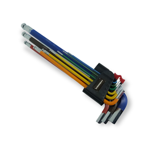 Набір Г-подібних ключів HEX екстра-довгих кольорових шароподібних 9 од., S2, 1,5-10 мм HAISSER (арт.48116) | Зображення 1