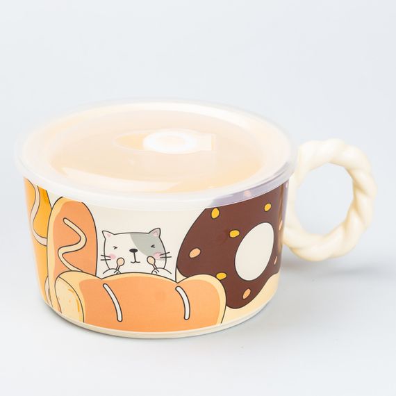 Керамічна бульйонниця 800 мл з пластиковою кришкою "Кот" супниця миска для локшини