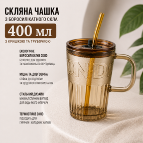 Стеклянная чашка 400 мл с ручкой, крышкой и многоразовой трубочкой, термостойкий для холодных и горючих напитков, коричневая