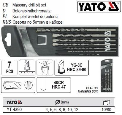 Набор сверло YATO кирпич свердло по цеглі Ø=4-12мм 7 штук YT-4390