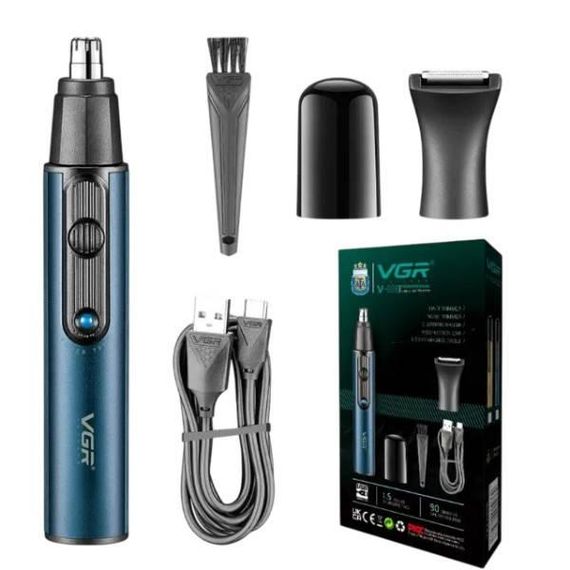 Триммер аккумуляторный для удаления волос из носа +2 насадки VGR V-626 Голубой