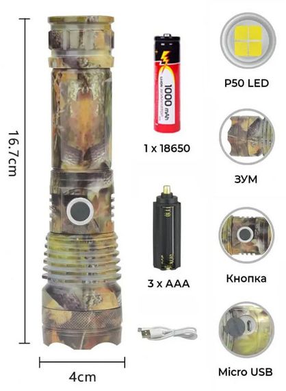 Ручной противоударный аккумуляторный фонарь RB-263 фонарик с зумом Zoom P50 18650 или 3*AAA Micro-USB Зеленый | Зображення 1