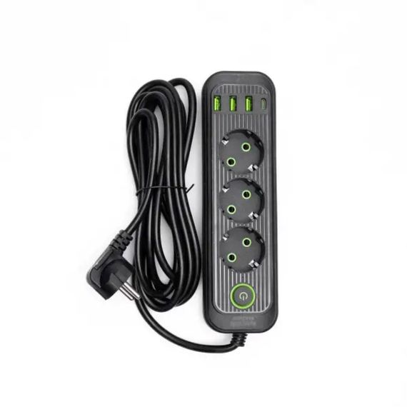 Мережевий фільтр чорний з вимикачем 3 розетки 3хUSB-A 1xUSB-C 3м HP-5-34 | Зображення 1