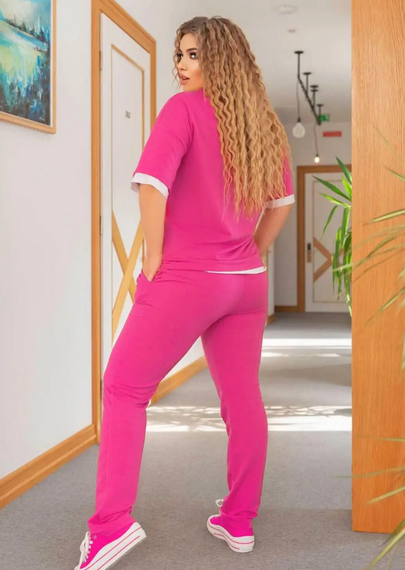 Женский летний спортивный прогулочный костюм футболка + штаны GF07925 размер 42/44, цвет малиновый | Зображення 2