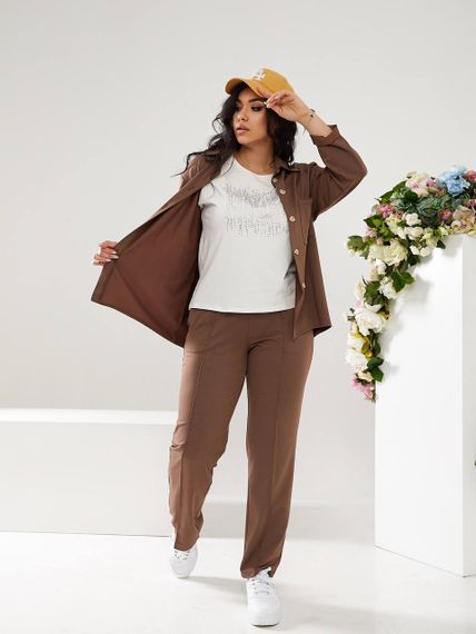 Женский костюм тройка рубашка+футболка+брюки трикотажный NB23007 размер 50/52 цвет капучино | Зображення 6