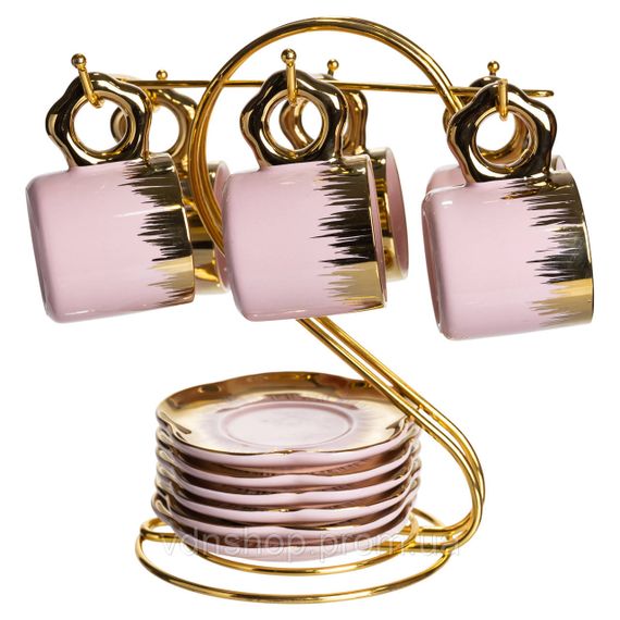 Набір чашок для кави на металевій підставці 6 (шт) по 100 (мл) подарунковий кавовий сервіз набір чашок Розовий із золотом FM-48 | Зображення 3