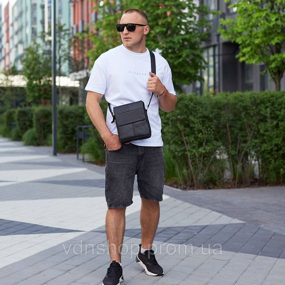 Мужская кожаная сумка планшет 21х24х6, барсетка на одно плечо Tiding Bag M1254A черная | Зображення 8