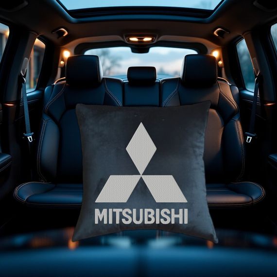 Авто Подушка c вишивкою логотипу марки міцубісі Mitsubishi чорний автомобілісту 00053