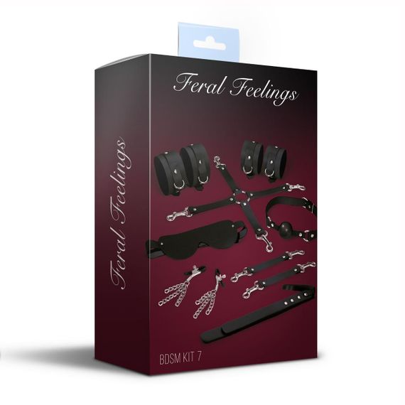 Набір Feral Feelings BDSM Kit 7 Black, наручники, поножі, конектор, маска, падл, кляп, затискачі | Зображення 1